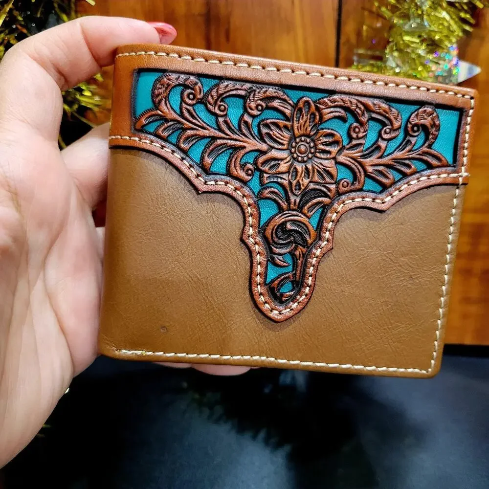 Western Mens wallet Western GENUINE LEATHER Short Lasercut Layered Tan & Teal